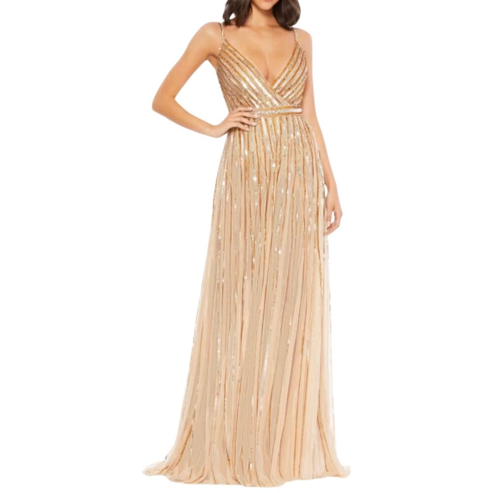 Mac Duggal Beaded Sequin Wrap Maxi Gown Formal Prom Dress Women’s US 2 Gold NWT
